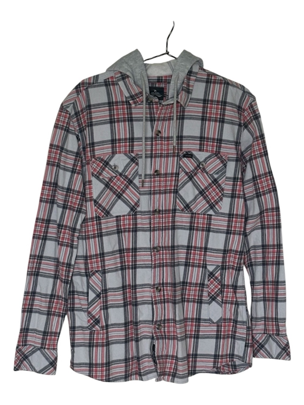 Rip Curl Gray  and Red Plaid Casual Button-Up Flannel with Fleece hoodie